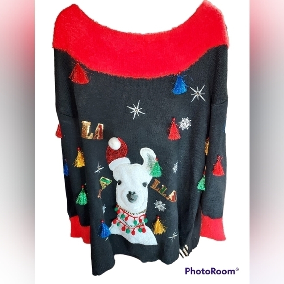 Holiday Time women's ugly Llama sweater 1X embellished tassels,sequel, bells - Picture 6 of 16
